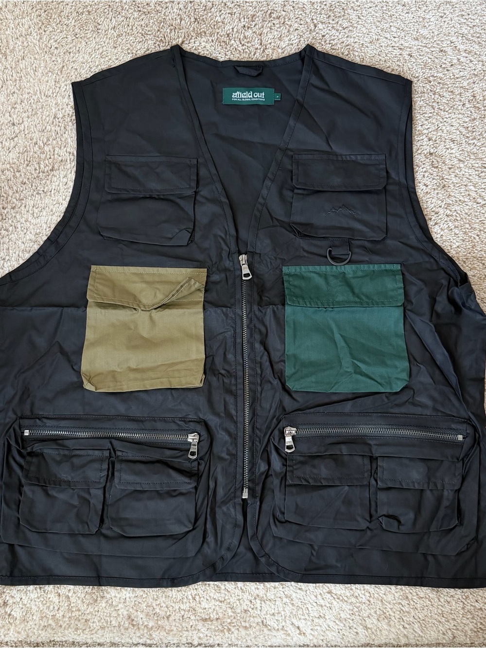 Men's Black Utility Vest with Olive and Forest Green Pocket Accents